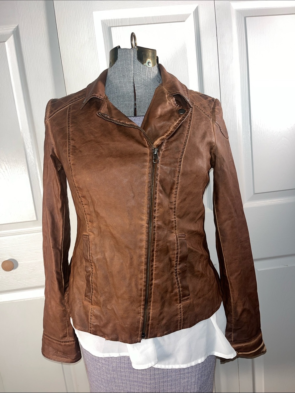 Classic Brown Women's Faux Leather Moto Jacket